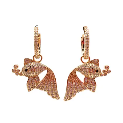 Yellow Gold Plated Micro Pave Cz Fish Shape Earrings Hoop Earrings For Women • $18