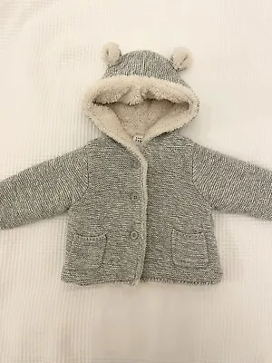 GAP Sherpa Lined Button Up Bear Hoodie In Grey Marl (3-6 Months) • £12