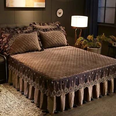 Bed Skirt Luxury Gold Lace Bed Cover Skirt King Queen Pad Bedspread NoPillowcase • £89.03