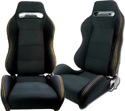 NEW 2 Black Cloth + YELLOW Stitching Racing Seats RECLINABLE Ford Mustang Cobra • $285.50