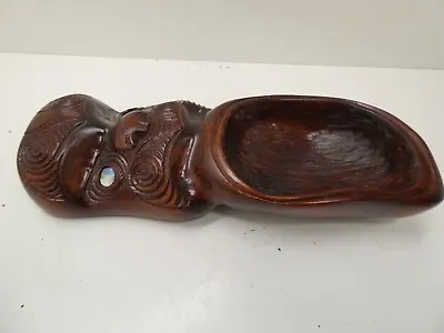 Vintage Carved Timber Tiki Statue New Zealand Maori Bowl Paua Shell Eyes • $51.54