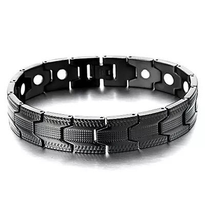 8.5  Inch Mens Magnetic Stainless Steel Bracelet - Black Tire Tread + Fancy Box • $49.95