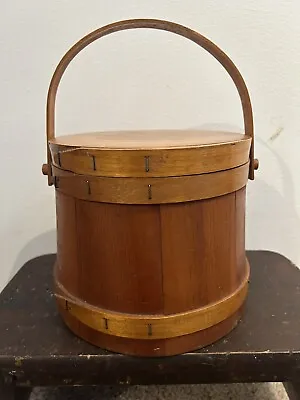 VIntage Primitive Finger Lapped Wooden Firkin Sugar Bucket W/ Wooden Handle TJ • $65