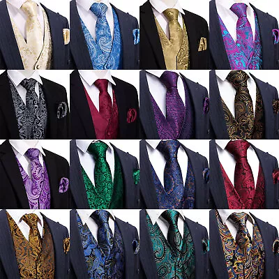 Formal Casual Vest Tie Set Mens Silk Waistcoat Tuxedo Gilet Hankie Cufflinks • $16.99