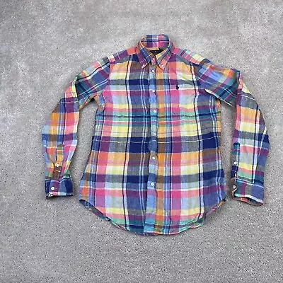 Ralph Lauren Shirt Mens Small Blue Pink Linen Pastel Madras Plaid Button Up • $28.95