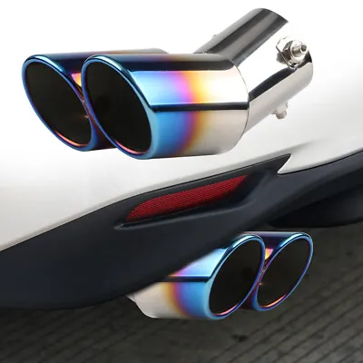 Blue Car Exhaust Tip Dual Outlet Burnt Rolled Edge Stainless Steel Muffler • $24.92