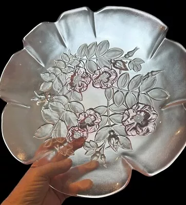 Mikasa Pink Rosella Crystal Glass Round Plate Platter Ruffle Edge Frosted Floral • $38.88