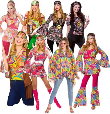 Hippie Costume Ladies Hippy 60s 70s Flared Trousers Flares Fancy Dress • £12.99