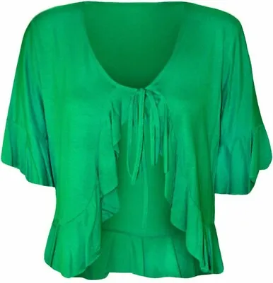 Ladies Tie Up Front Bolero Shrug Womens Short Sleeves Frill Shirt Plain Cropped • £6.89