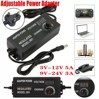 Electrical Power Supply Adapter Charger Variable Voltage Adjustable 9V-24V AC/DC • £10.99