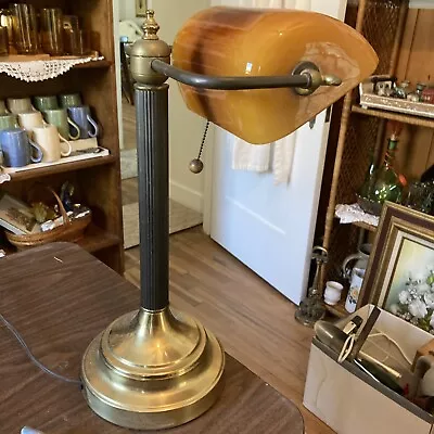 Vintage BRASS Bankers Piano Desk Lamp W Original Amber Glass Shade. 15  Tall. • $99.99