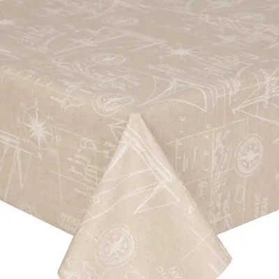 Nautical Compass Acrylic Coated Table Cloth Yacht White Linen Beige Wipe Able • £22.99