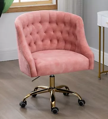 Pink Velvet Fabric Upholstered Tufted Office Chair Home Office Chair Gold Base • $352