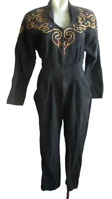 Vintage 1990s Black Denim Jumpsuit Size 12  PG Collections Ginger Bort Catsuit M • $50.63