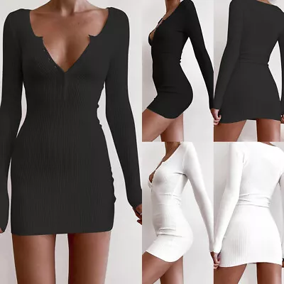 $14.43 • Buy Women's Sexy Ribbed V-Neck Mini Dress Ladies Long Sleeve Party Bodycon Clubwear