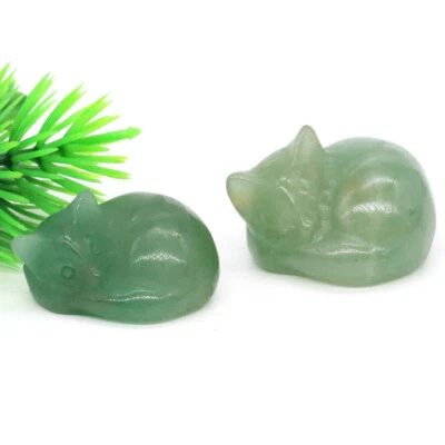 $4.99 • Buy 1.2  Sleeping Cat Statue Stone Crystal Carved Healing Animal Figurine Reiki Gift