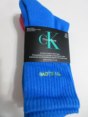 Calvin Klein 2-Pack Cushioned Mid-Crew Socks Bright Blue Pink Love Cotton L/XL • $17.75