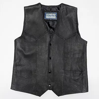 Starling Black Leather Vest Mens S (46) Sleeveless V-Neck Snap Front Motorcycle • $17.99