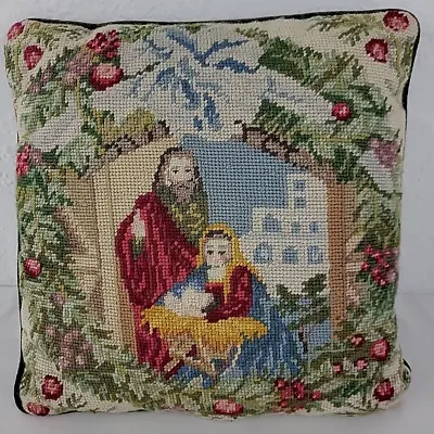 Nativity Needlepoint XMAS Pillow Velvet Jesus Mary Joseph 13  Green Holiday Vtg • $29.95