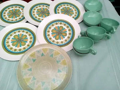 Vtg (20) Pc Turquoise Green Pin Wheel Melmac Mallo Belle Boonton Dinnerware~ • $10