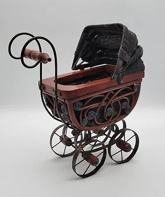 Vtg Wooden Metal Ratan Baby Doll Buggy Carriage Stroller Pram Canopy Home Decor • $13.99