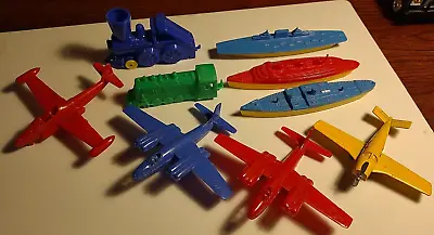 1950s LOT 9 PLANES BOATS TRAIN Thomas Bonanza Tootsie Steel Toy Military Old Vtg • $25