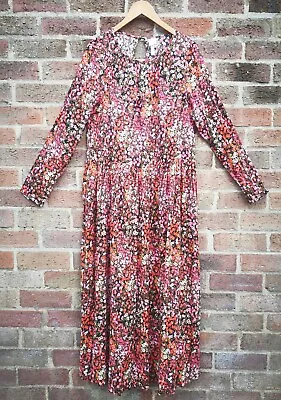 H&M TREND Red Ditsy Floral Wildflower Meadow Midi Long Sleeve Dress Size S 8 10 • $22.40