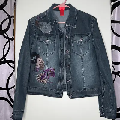 V Cristina Denim Jean Floral Embroidered Jacket Size Medium • $20