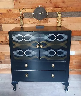 Black Drinks Storage Sideboard Cabinet Cupboard Geometric Design Drawers Gold  • £225