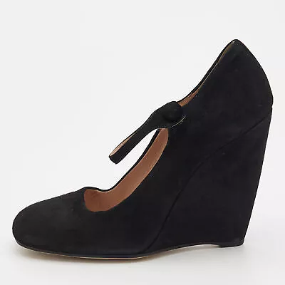 Miu Miu Black Suede Square Toe Mary Jane Wedge Pumps Size 38 • $115.50