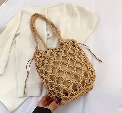 Macrame Style Bag Camel Small Mesh Rope Knitted Shoulder Bag Bucket Bag Travel • £9.99