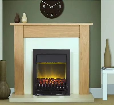 ELECTRIC FIRE OAK FIREPLACE SURROUND CREAM HEARTH BLACK LED FLAME COAL 2kW BNIB • £324.70