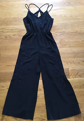 £12 • Buy Next Black Jumpsuit - Floral Embrodiery - Wide Leg - V Neck - Size 8 Petite