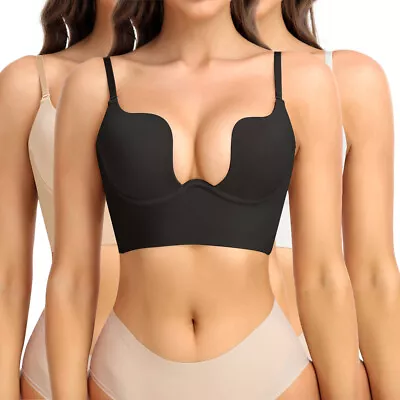 Womens Low Back Bra Wire Lifting Deep U Shaped Plunge Backless Bra Clear Straps • £6.79