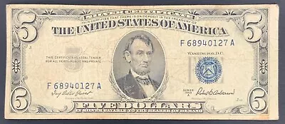 1953 $5 Five Dollar Blue Seal/Serial Silver Certificate U.S. Note Bill • $14.95