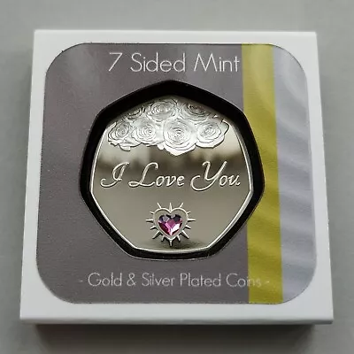  I Love You  Silver Plated Commemorative Coin + Crystal - Gift / Valentines Rose • £9.99