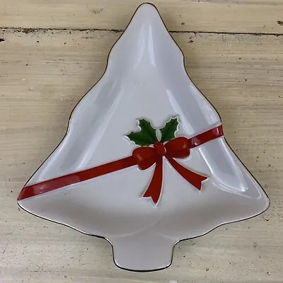 MOUNT CLEMENS POTTERY White Christmas Tree Candy Plate Dish Holly & Red Ribbon • $12.50