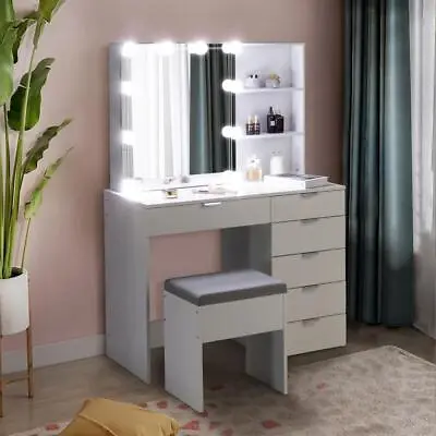 Bedroom Vanity Table Set 10 LED Mirror Makeup Desk With Storage Dressing Dresser • $192.99