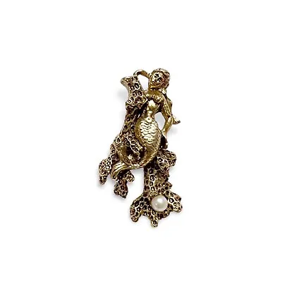 Mermaid Siren Antiqued Goldtone Faux Pearl Small Brooch Pin • $14.99