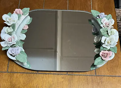 Vintage Art Deco Oval Mirror  Porcelain Roses Green Leaves Chic Vanity Tray • $25