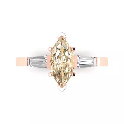 2 Marquise Baguette 3stone Real Morganite Classic Designer Ring 14k Pink Gold • £295.86