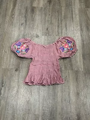 Mexican Embroidered Floral Blouse Dark Pink Size M • $24.99