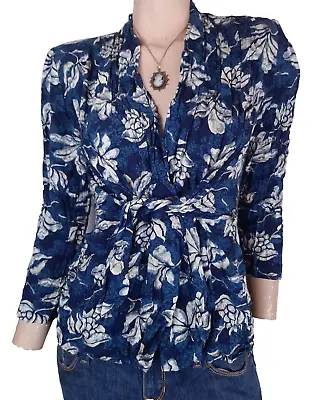 Vintage Sharon Anthony Petite Dark Blue & White Floral Rayon Womens Blouse Shirt • $16.99