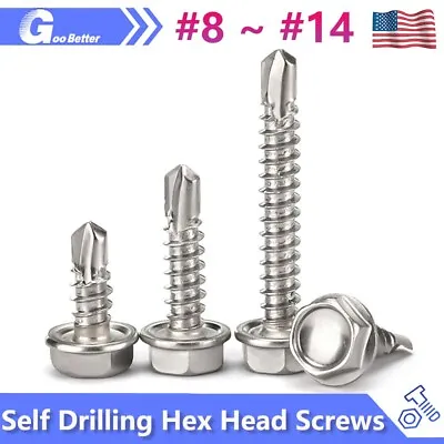 #8-#14 Stainless Steel 410 Hex Washer Head Self Drilling Sheet Metal Tek Screws • $6.74