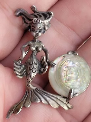 Vintage MERMAID Sterling Silver Pin Brooch With Mother Of Pearl/Abalone • $95