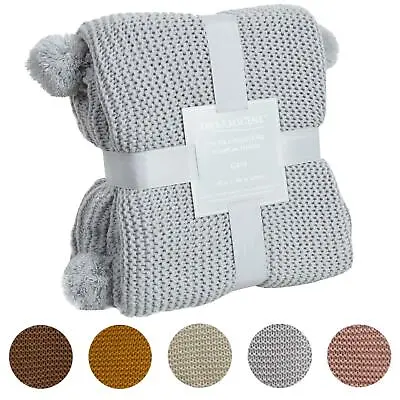 £16.99 • Buy Dreamscene Chunky Knit Throw Large Knitted Pom Pom Sofa Bed Blanket Grey Ochre