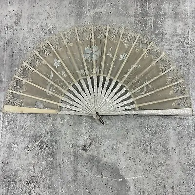 Antique French Hand Painted White Delicate Lace Handheld Folding Fan • $42