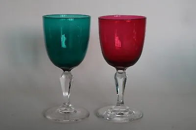PAIR Of Antique Coloured Wine Glasses With Faceted Stems & Polished Pontils • £19.95