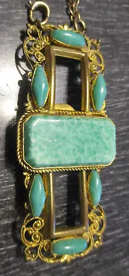 Antique Czechoslovakia Mottled Green Peking Glass Drop Pendant Necklace Buckle! • $85