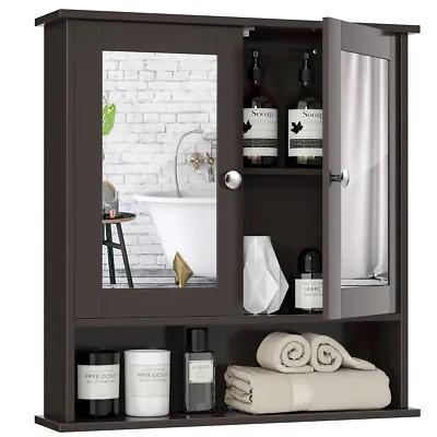 Costway Wall Mount Mirror Cabinet Bathroom Medicine Cabinet Organizer Brown • $59.99